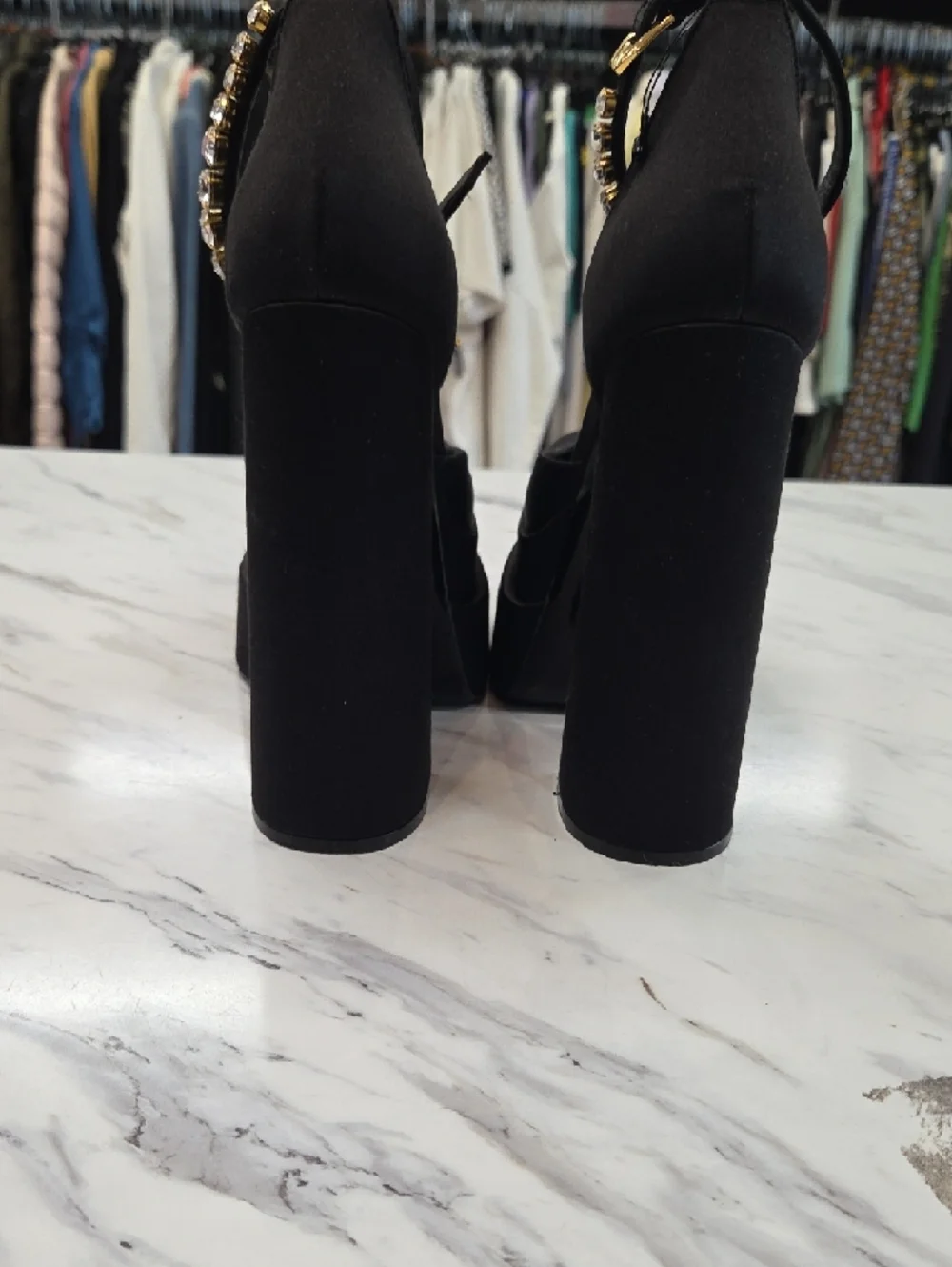 Versace Black Suede Platform Pumps with Crystal Ankle Strap